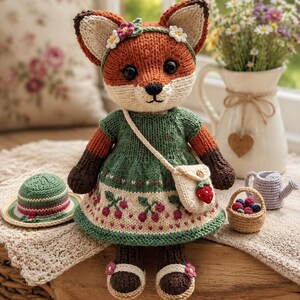 May include: A knitted fox doll wearing a green dress with a cherry pattern, a cream-coloured crossbody bag with a strawberry detail, and a floral headband. The doll has dark brown limbs, a cream muzzle, and black eyes, accompanied by a small hat.
