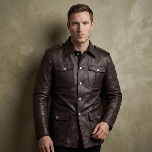 May include: A dark brown leather jacket featuring a structured collar, shoulder epaulets, and four front patch pockets with buttoned flaps. The jacket has a central button-down closure with metallic buttons and long sleeves with a smooth finish.