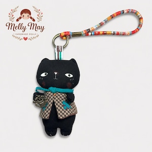 Black Cat Handmade Bag Charm, Moody Fabric Keychain, Patchwork Cat Lover Gift