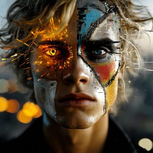 Könnte beinhalten: Ein digitales Porträt einer Person mit einem geteilten Gesichtseffekt. Die linke Seite zeigt ein leuchtend orangefarbenes Auge mit Funken, während die rechte Seite ein blaues Auge mit geometrischen, fragmentierten Mustern in Blau, Rot und Gelb zeigt.