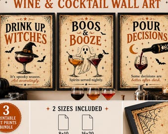 Funny Halloween Bar Decor Set of 3, Drink Up Witches, Boos & Booze, Pour Decisions, Vintage Printable Wall Art