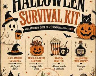 Halloween Survival Kit Printable | Halloween Party Planner | Trick or Treat Guide | Halloween Games, Food, Drinks & Decor