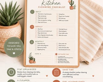 Kitchen Cleaning Checklist Printable | Daily Weekly Monthly Cleaning Schedule | Kitchen Cleaning Planner | Home Organization Checklist PDF