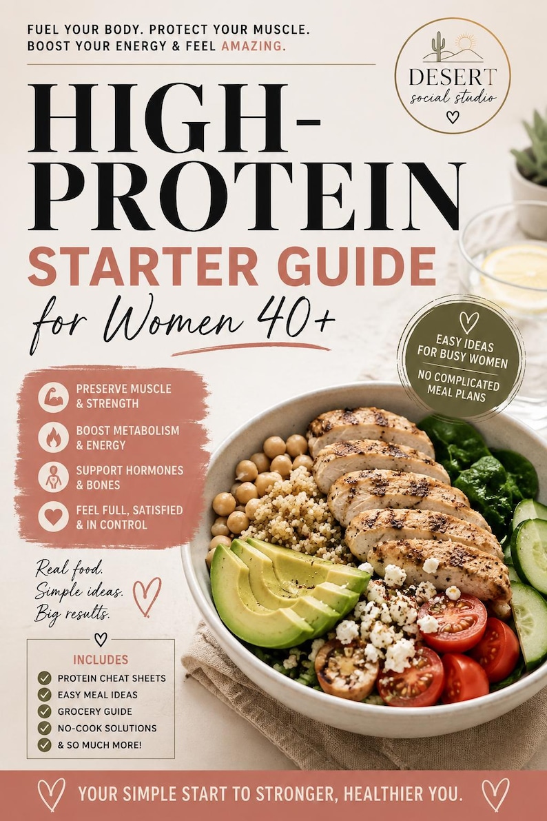 May include: A digital guide titled High-Protein Starter Guide for Women 40+ featuring text about muscle preservation, metabolism, and hormones. The image displays a bowl of grilled chicken, quinoa, chickpeas, avocado, tomatoes, and spinach.