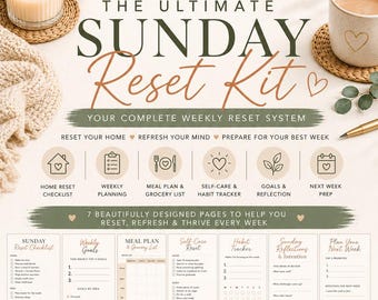 Ultimate Sunday Reset Planner Kit | Weekly Reset Checklist | Home Organization Planner | Self-Care Routine | Meal Planner Printable PDF