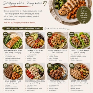 May include: An infographic titled High-Protein Dinners featuring a meal guide for women 40+. It displays eight meal ideas with protein counts, including salmon, chicken, shrimp, turkey, steak, tuna, tofu, and lemon herb chicken with ingredients.