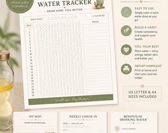 30-Day Water Tracker Printable | Daily Hydration Log (Instant PDF Download)