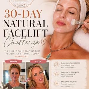 May include: A digital flyer for a 30-Day Natural Facelift Challenge featuring a person applying a white facial mask with a brush. The text includes Desert Social Studio, 30-Day Natural Facelift Challenge, and sections for daily facial massage, lymphatic drainage, skincare routine, and real results with before and after photos.