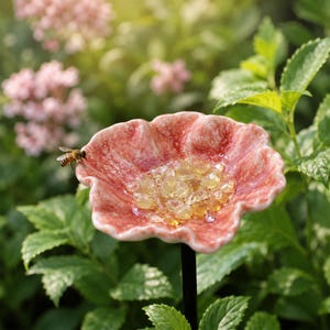 May include: A ceramic flower-shaped basin with a glossy, mottled pink and white finish, mounted on a thin black metal stake. The center of the basin is filled with small, translucent yellow stones, and a honeybee rests on the petal edge.