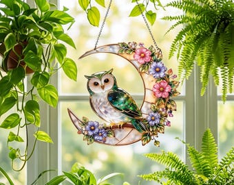 Stained Acrylic Owl Moon Suncatcher, Forest Nature Decor, Handcrafted Glass Ornament