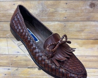 Vintage Bragano Cole Haan Men 10 Woven Leather Kiltie Tassel Loafer Brown Italy