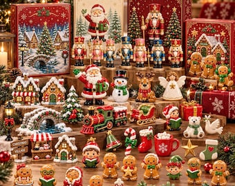 24-teiliger Adventskalender mit Acryl-Weihnachtsornamenten, Mini-Weihnachtsdorf-Dekorationen, Geschenkset für die Feiertage
