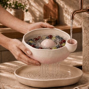 May include: A light pink ceramic bowl with a central dome and a side spout, filled with water and mixed berries. The bowl is positioned under a metal faucet, with water flowing from the base of the bowl into a matching light pink ceramic tray.