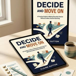 May include: Two tablets displaying the digital PDF ebook titled Decide and Move On by Claire Sutton. The cover features a person walking on a path with directional signs and checklists. A pen, a checklist, and small cards are placed on the surface.