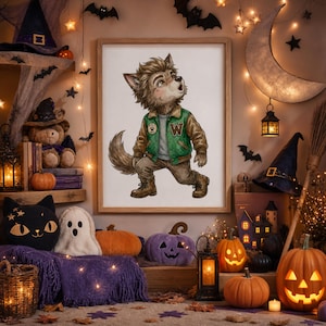 May include: A framed illustration of a cartoon werewolf wearing a green and brown varsity jacket with a letter W, a grey sweater, brown pants, and boots. The werewolf is standing on its hind legs and looking upward in a dynamic pose.