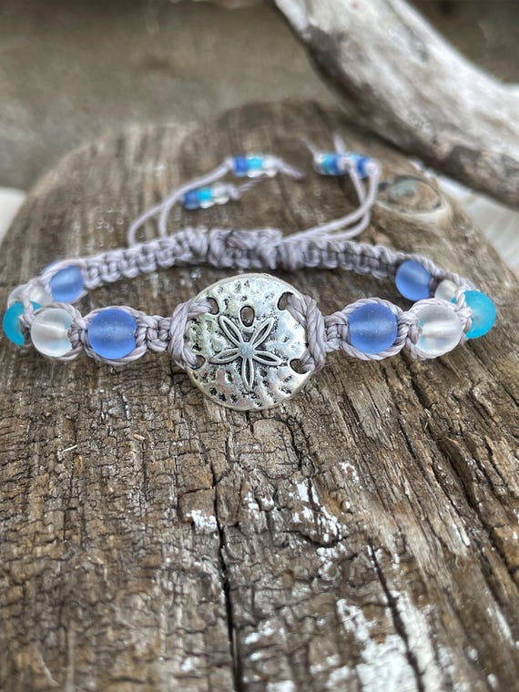 Sea Lover's Sand Dollar Bracelet-Sea Glass Beads-Beach Bracelet-Adjustable-Macrame Bracelet-Beaded Bracelet-That's How I Knot