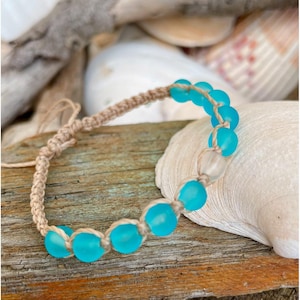 Dreamy Ocean Colors  Macrame Bracelet/Sea Glass Beads/Aqua Blue Glass/Beaded Adjustable Bracelet/Beachy Bracelet-Stacking Bracelet