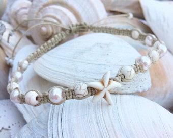 Dreamy Starfish or Turtle Anklet-Beach Anklet-Boho Anklet-Hippy Anklet-Knotted Anklet-Ivory-Pearls-Howlite Stones