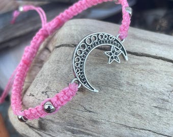Moon and Star Macrame Bracelet/Adjustable/Celestial/Boho