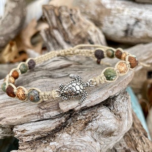 Silver Sea Turtle Bracelet-Beaded Bracelet-Macrame Bracelet-Adjustable Bracelet-Earthy Colors
