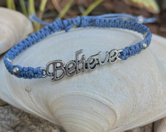 Don’t Stop Believing-Silver Believe Focal Connector Charm-Inspirational Bracelet-Gifts with Meaning-Macrame-Adjustable