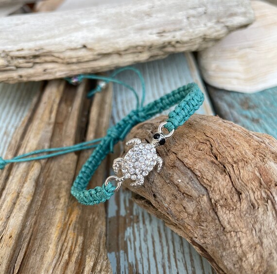 Sea Turtle Bracelet rhinestone Turtle Macrame Adjustable Cotton