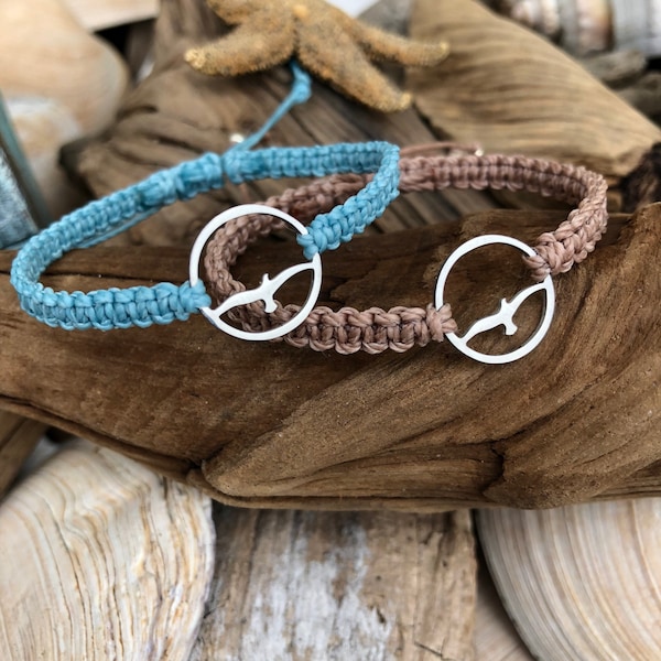 Seagulls of the Sand and Sea/Macrame Bracelet/Beach Bracelet/Coastal/Salty Soul/Knotted/Stainless Steel/Gold Finish/Adjustable Bracelet