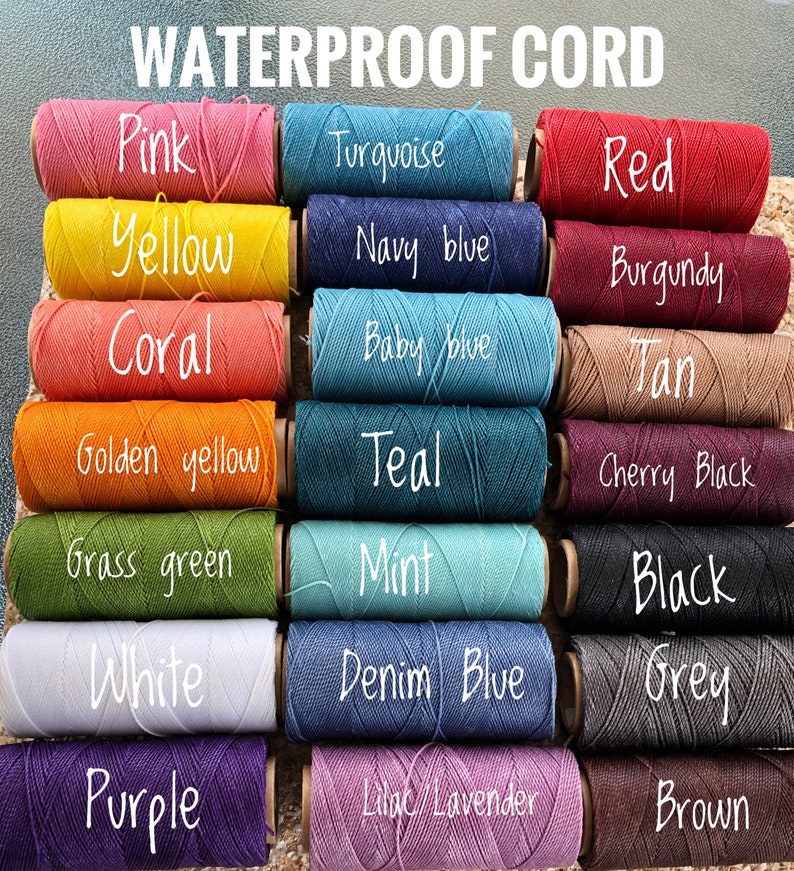 May include: Spools of waterproof cord in various colors, including pink, turquoise, red, yellow, navy blue, burgundy, coral, baby blue, tan, golden yellow, teal, cherry black, grass green, mint, black, white, denim blue, grey, purple, lilac/lavender, and brown. The text "WATERPROOF CORD" is at the top.