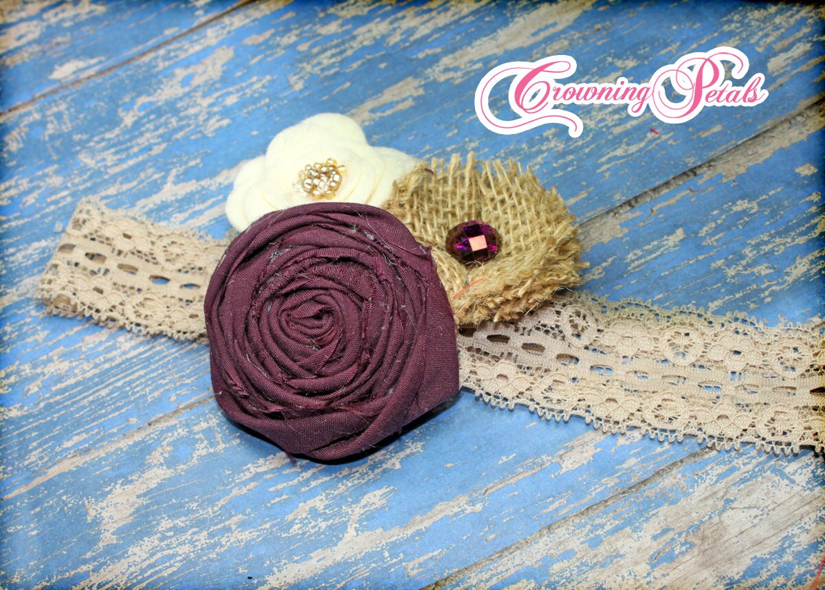 Plum Burlap Ivory Headband Eggplant Hair Accessory Dark