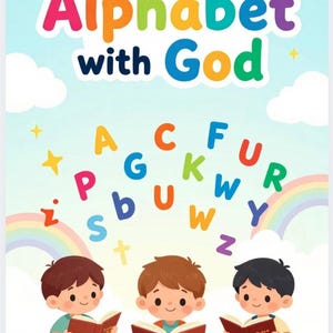May include: A book cover titled Learning the Alphabet with God featuring three children sitting and reading red books. Above them, colorful letters of the alphabet float against a light blue sky with white clouds, yellow stars, and a rainbow.