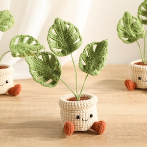 May include: Three crocheted monstera plants in cream-coloured pots with embroidered smiling faces and small brown feet. Each plant features green yarn leaves with cut-out details attached to thin stems, standing upright in brown soil-like bases.