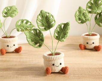 Pianta di Monstera in vaso realizzata all'uncinetto, grazioso vaso lavorato a maglia, decorazione per la casa e la scrivania, regalo unico fatto a mano per gli amanti delle piante.