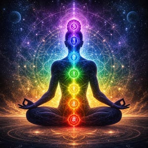 May include: A silhouette of a person in a seated meditation pose against a cosmic background. Seven glowing, vertically aligned chakra symbols in red, orange, yellow, green, light blue, indigo, and violet are displayed along the central spine.