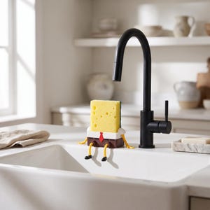 May include: A yellow rectangular sponge with a porous texture sits in a brown and white plastic holder shaped like a cartoon character with a red tie, thin yellow arms, and black shoes, positioned next to a matte black kitchen faucet.