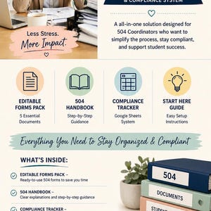 May include: A 504 Coordinator Toolkit digital resource featuring an editable forms pack, handbook, compliance tracker, and start here guide. The graphic includes text, icons, and a stack of three binders labelled 504, Documents, and Student Support.