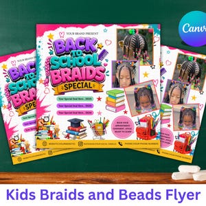 Kids Back to School Braids and Beads Flyer Template, Canva Editable Hair Salon Marketing, Rainbow Hair Social Media Post