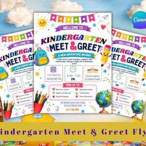 Peut inclure: Un dépliant pour une rencontre de maternelle avec des graphismes scolaires colorés incluant un sac à dos, un crayon, un globe et des fanions. Le texte indique Welcome to Kindergarten Meet & Greet, A New Adventure Begins, Thursday August 25, 6:30-7:30 PM, David Creek Elementary, et Popsicles on the Playground at 7:30 PM.