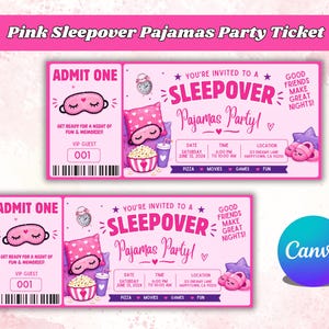 Biljett till rosa pyjamasfest, inbjudan till tjejpyjamas, rosa rosettfödelsedag, utskrivbart pyjamasfest, redigerbart party
