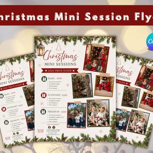 May include: A Christmas mini session flyer template featuring a white background with pine branch borders, a hanging lantern, and four photo frames. The text reads Christmas Mini Sessions, 2026 Price Guide, Basic $199, Standard $299, and Premium $399.