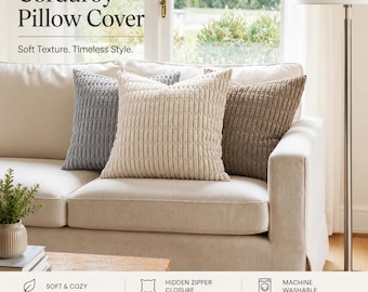 Cream White Boho Pillow Covers Set of 2 | 18x18 Striped Corduroy Cushion Covers