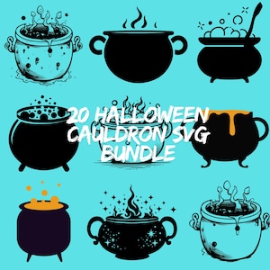 May include: A digital collection of 20 Halloween cauldron SVG designs featuring various black silhouettes and line art illustrations of pots with bubbling liquids, steam, and magical sparks against a solid light blue background.
