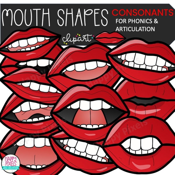 RED phonics mouth position - mouth articulation clipart - CONSONANTS