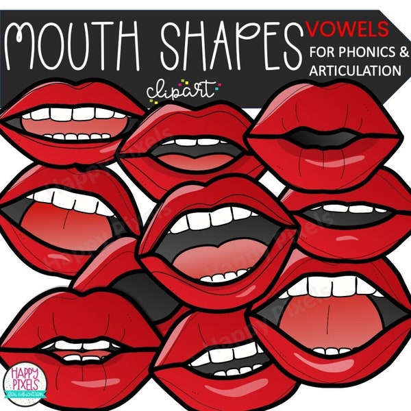 RED mouth shape clipart - mouth articulation images - lips position phonics - VOWELS - Science of Reading - Speech and Language - Phonics