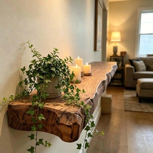 May include: A long, rectangular wooden wall shelf with a natural, rough-hewn live edge. A potted green ivy plant sits on the left side, and three white pillar candles of varying heights are placed in a row toward the centre of the shelf surface.