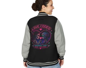 Different Code Same Language Varsity Jacket, Skeleton Robot Letterman Jacket, Cyber Romance Streetwear, Futuristic Love Jacket