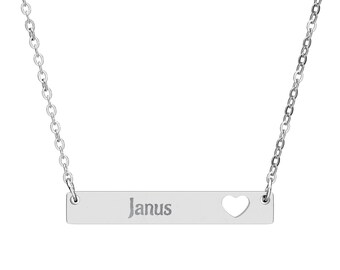 Personalized Heart Bar Necklace, Engraved Name Necklace, Stainless Steel Custom Jewelry, Anniversary Gift, Meaningful Keepsake