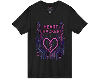 Heart Hacker Cyberpunk T-Shirt, Circuit Heart Graphic Tee, Programmer Shirt, Retro Futuristic Tech Gift, Coding V-Neck