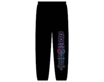 Love Is My Operating System Sweatpants, Cyberpunk Heart Joggers, Futuristic Tech Graphic Pants, Geeky Romantic Streetwear