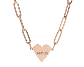 Personalized Paperclip Heart Necklace, Engraved Name Pendant, Custom Heart Jewelry, Anniversary Gift for Her