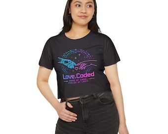 Love.Coded Hand in Hand Crop Top, Cyberpunk Love Shirt, Futuristic Tech Crop, Digital Romance Top, Geeky Gift